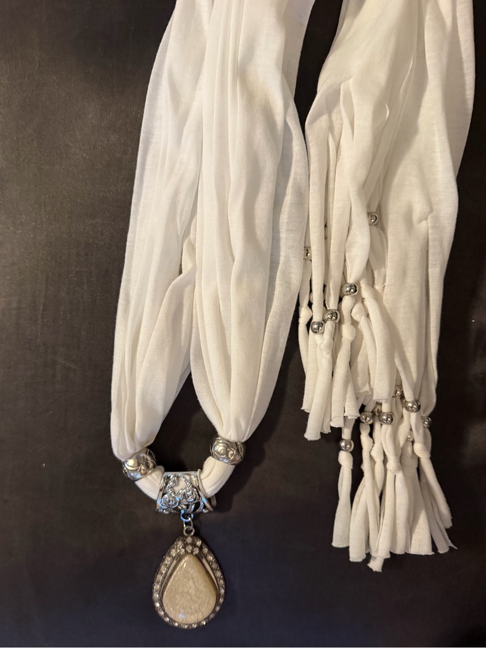 Hand Crafted White Boho White Scarf/Belt/Wrap w/Beads, Fringe, Stone Pendant.